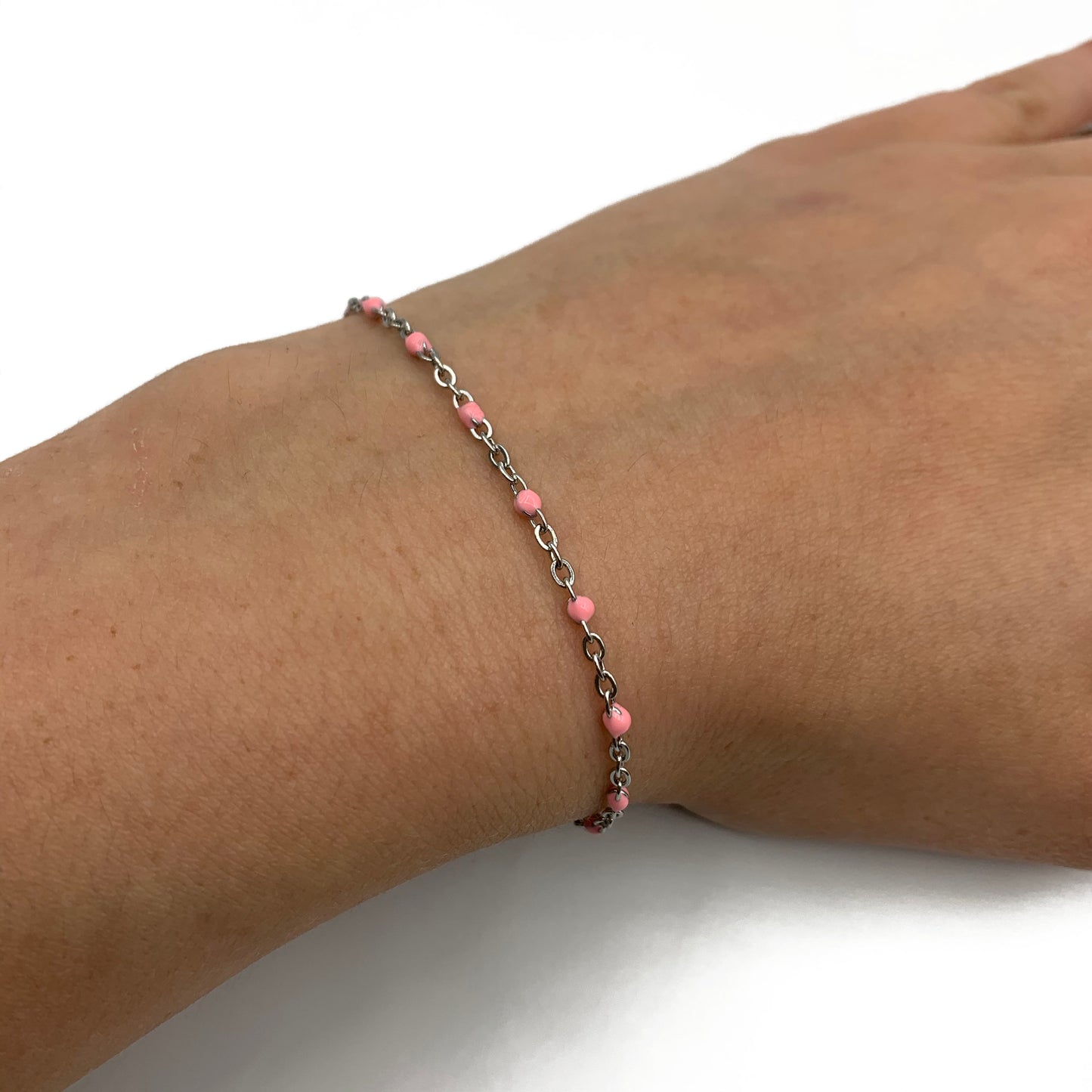 lichtroze ball chain armband - zilver
